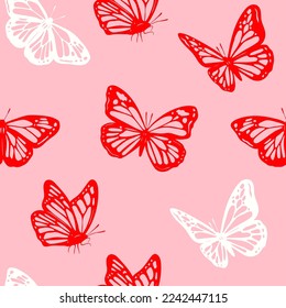 Red and white outline Butterflies. Beautiful nature flying insects. Butterfly silhouettes. Hand drawn modern Vector illustration. Square seamless Pattern. Pink Background, wallpaper