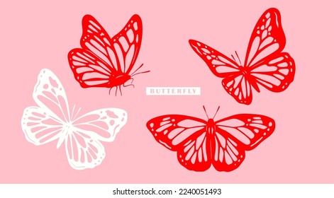 Red, white outline Butterflies collection. Beautiful nature flying insects. Butterfly silhouettes. Hand drawn modern Vector illustration. All elements are isolated. Tattoo idea, print, logo template