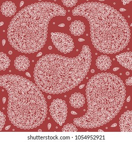 Red and white paisley seamless pattern. Ornament illustration.Vintage. Traditional, Arabic, Turkish, Indian motifs. Great for fabric and textile, wallpaper, packaging, or any desired idea.