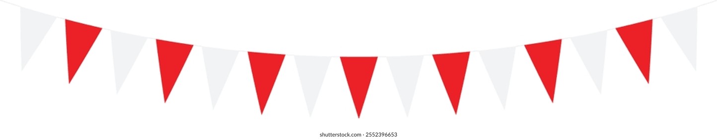 Red and white paper bunting flags garland isolated on transparent background. Party decoration hanging flags with rope.