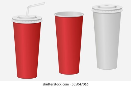 Red and white paper cup with a lid mockup. Carbonated drink. Vector illustration