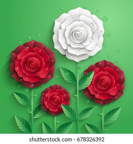 Red and white paper roses with leaves and drops of dew. 3D style. Decorative background.