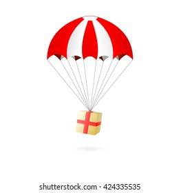 Red and white parachute with gift box isolated on white background, vector illustration