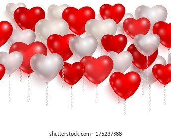 Red and white party balloons made in shape of hearts. Seamless vector background.