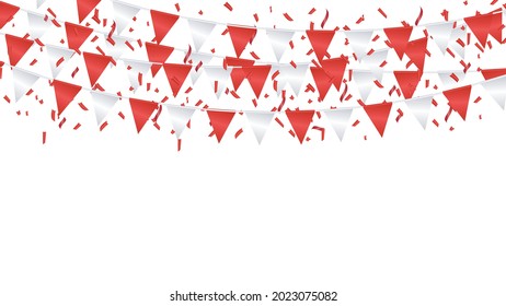 Red and white Party Flags With Confetti And Ribbons Falling On white Background. Celebration Event and Happy Birthday.  Japan or canada,switzerland,denmark,turkey,england flag color concept. Vector.