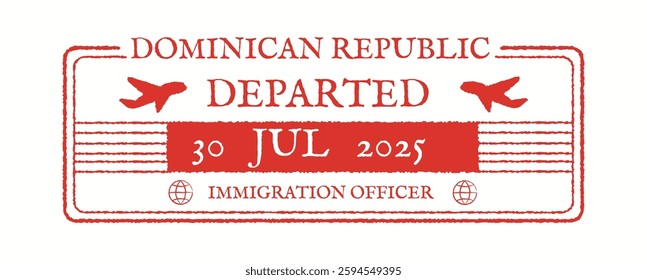 Red and white passport stamp indicating departure from Dominican Republic on 30 July 2025. Includes graphics of airplanes and text related to immigration.