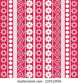red and white pattern background with flowers and spirals