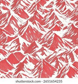 Red and white pattern with mountains. on linen fabric print pattern, cotton, silk, vector illustration, doodle summer, kids and baby designs for print fabric.