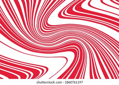 Red and white pattern with wavy, curves lines. Optical art background. Digital image with a psychedelic stripes. Vector illustration 