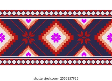 A red and white patterned border with a floral design. The border is made up of squares and triangles
