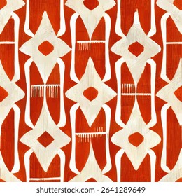 Red and white patterned fabric with symmetrical geometric shapes, grunge lines ikat pattern, striped seamless pattern, Vector illustration background for print the paper.