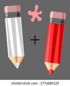 Red and White pencil with rubber eraser of mixing color. Vector illustration for school, creativity, idea, education and design symbol.