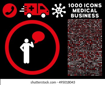 Red And White Person Idea vector bicolor rounded icon. Image style is a flat icon symbol inside a circle, black background. Bonus set has 1000 health care business pictograms.