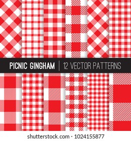 Red and White Picnic Tablecloth Style Gingham and Checks Vector Patterns. Backgrounds for Restaurant Menus or Food Packaging. Pixel Pattern Tile Swatches Included.