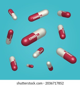 Red and white pill capsule with Covid 19 on it. Virus Outbreak Protection medical concept, Coronavirus COVID-19
