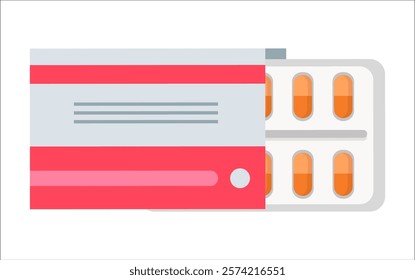 A red and white pill container with a white background. The pills inside are orange. The container is open and the pills are visible