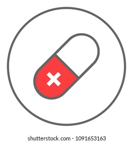 Red and white pill with cross. Drugstore symbol. Vector icon.