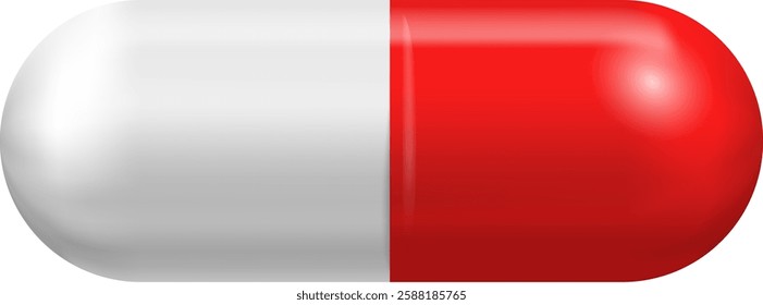 Red and white pill laying horizontally representing healthcare, medicine, and pharmaceutical industry, promoting health and wellness, suitable for medical and pharmaceutical marketing materials