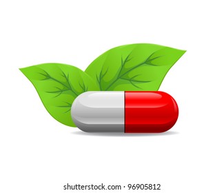 Red white pill lying near the leaves on a white background