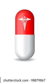 red white pill with medical caduceus symbol