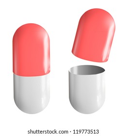 Red and white pill open and close. Vector design.