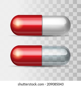 Red and white pill and red and transparent pill. Vector illustration