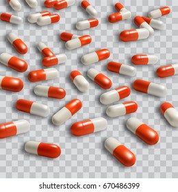Red and white pills capsule isolated on transparent background. Vector Illustration. Template for business