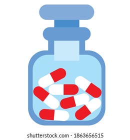 red and white pills in a snow transparent jar in flat style, cartoon illustration, isolated object on white background, vector, eps