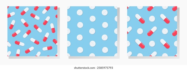 Red and white pills and tablets on blue background. Medical vector seamless patterns collection.