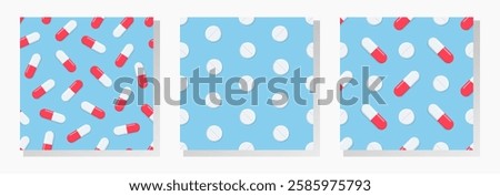 Red and white pills and tablets on blue background. Medical vector seamless patterns collection.