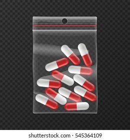 red white pills in transparent zip bag vector design