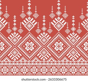 Red and White Pixel Geometric Patterns – Traditional Ethnic Weaving Style