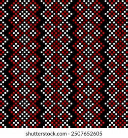 red, white pixels. hand drawn squares. folk carpet. vector seamless pattern. decorative art. black repetitive background. geometric fabric swatch. wrapping paper. textile design template
