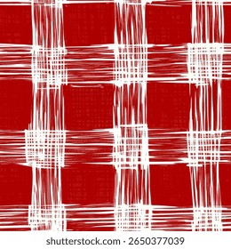 Motif plaid rouge et blanc avec coups de brosse, motif imprimé tissu de lin, coton, soie, illustration vectorielle, doodle été, dessins enfants et bébés pour tissu imprimé.