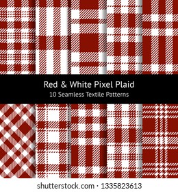 Red white plaid vector patterns. Seamless tartan check pixel plaid for textile design, wrapping paper, scrapbooking, packaging. Set of 10 patterns.