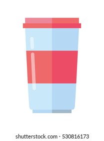 Red and white plastic food container for yogurt. Natural farm food. Dairy product. Logo illustration. Retail store element. Yogurt icon. Vector illustration in flat style.