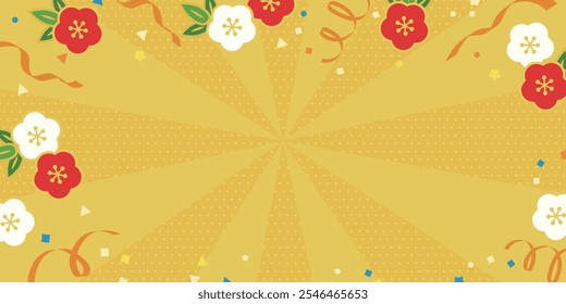 Vermelho e branco Ameixa, Confete, Fita, Sunburst Fundo ( Vetor Amarelo Pop Design Ano Novo Ano Novo Estilo Japonês Divertido Banner Card )