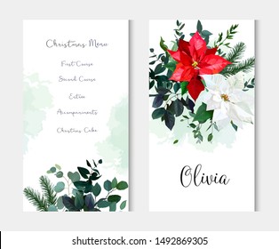 Red and white poinsettia flowers, christmas greenery, emerald eucalyptus, seasonal plants vector design frame. Winter chic wedding or new year party invitation card. Watercolor. Isolated and editable