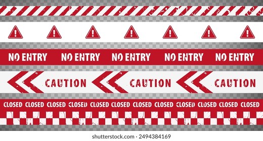 Red and white police stripe border, construction, caution, closed, no entry tapes set. Set of danger caution grunge tapes.  Warning signs for your  design on transparent background. EPS10