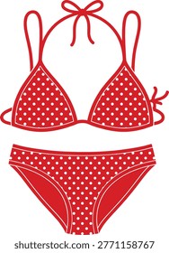 Red and white polka dot bikini, stylish summer swimwear, retro fashion beachwear, triangle top and bottoms, isolated holiday apparel