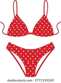 Red and white polka dot bikini, stylish summer swimwear, retro fashion beachwear, triangle top and high cut bottoms, isolated holiday clothing