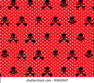 Red with White Polka Dots and Black Rock Musician Skull and Cross Bones with Green Girlie Bows Pattern Background Fabric or Wrapping Paper Design