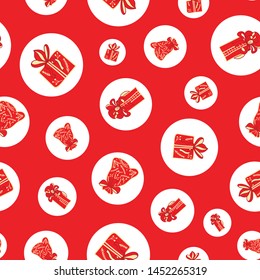 Red and white polka dots vector seamless pattern of hand-drawn Christmas gifts boxes and bags. Perfect for winter holidays wrapping paper, fabric, background.