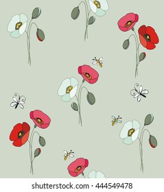 Red and white poppies with butterflies and bees in white,  gray, yellow and black a seamless pattern on a light gray background.