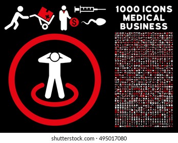 Red And White Prisoner vector bicolor rounded icon. Image style is a flat icon symbol inside a circle, black background. Bonus clip art has 1000 health care business pictograms.