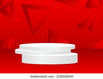 Red, White product display. Vector 3D room, cylinder pedestal podium. Stage showcase for presentation. Futuristic Sci-fi minimal geometric forms, empty scene.