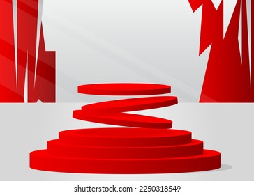 Red, White product display. Vector 3D room, cylinder pedestal podium. Stage showcase for presentation. Futuristic Sci-fi minimal geometric forms, empty scene.