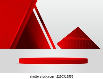 Red, White product display. Vector 3D room, cylinder pedestal podium. Stage showcase for presentation. Futuristic Sci-fi minimal geometric forms, empty scene.