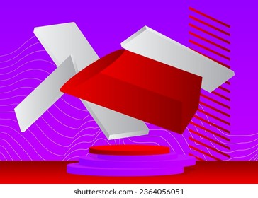 Rotes, weißes und violettes Vektorzylinder-Podium. Schauen Sie sich die Produktbühne zur Präsentation an. Sci-fi minimale geometrische Szene, Anzeige.