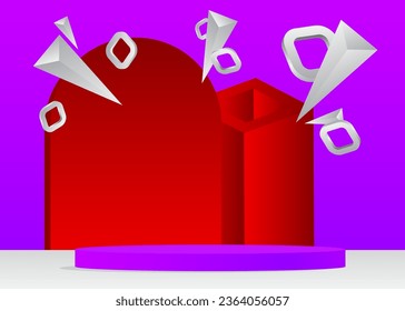 Red, white and purple vector cylinder pedestal podium. Mockup product stage showcase for presentation. Sci-fi minimal geometric scene, display.